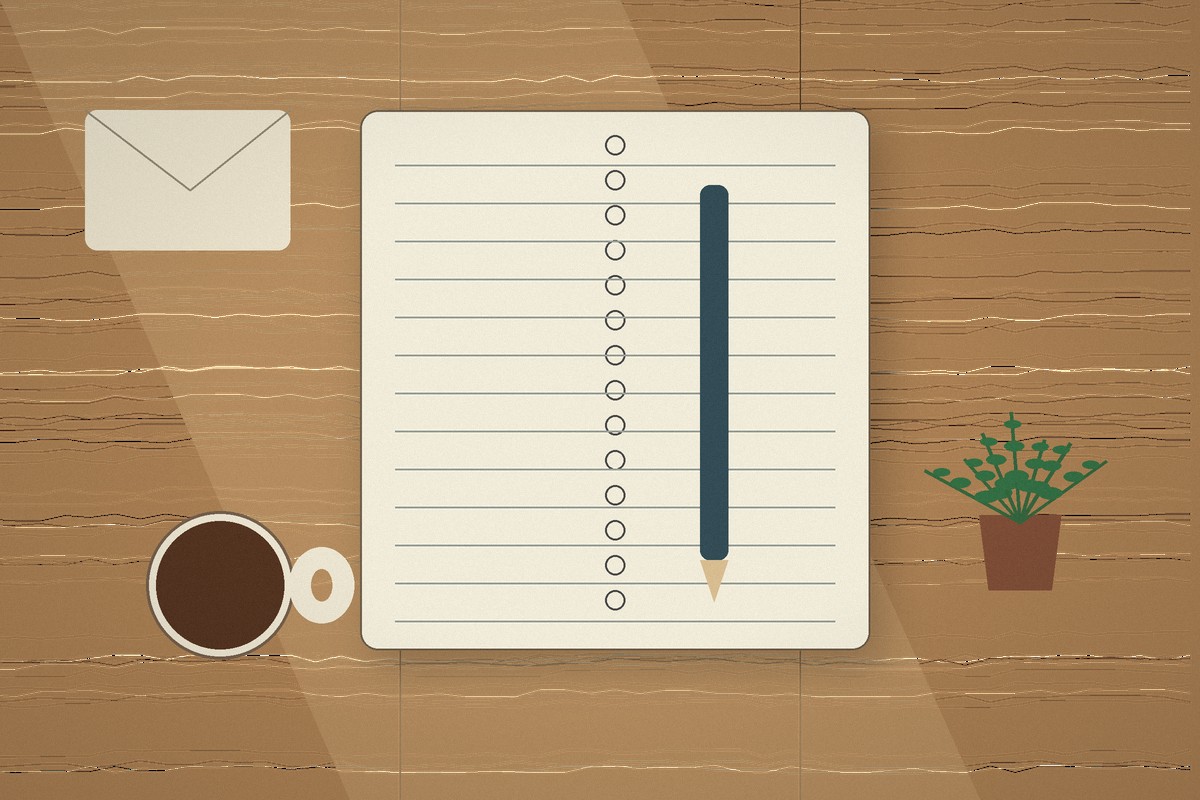 Open notebook, pen, coffee cup and houseplant on a wooden desk